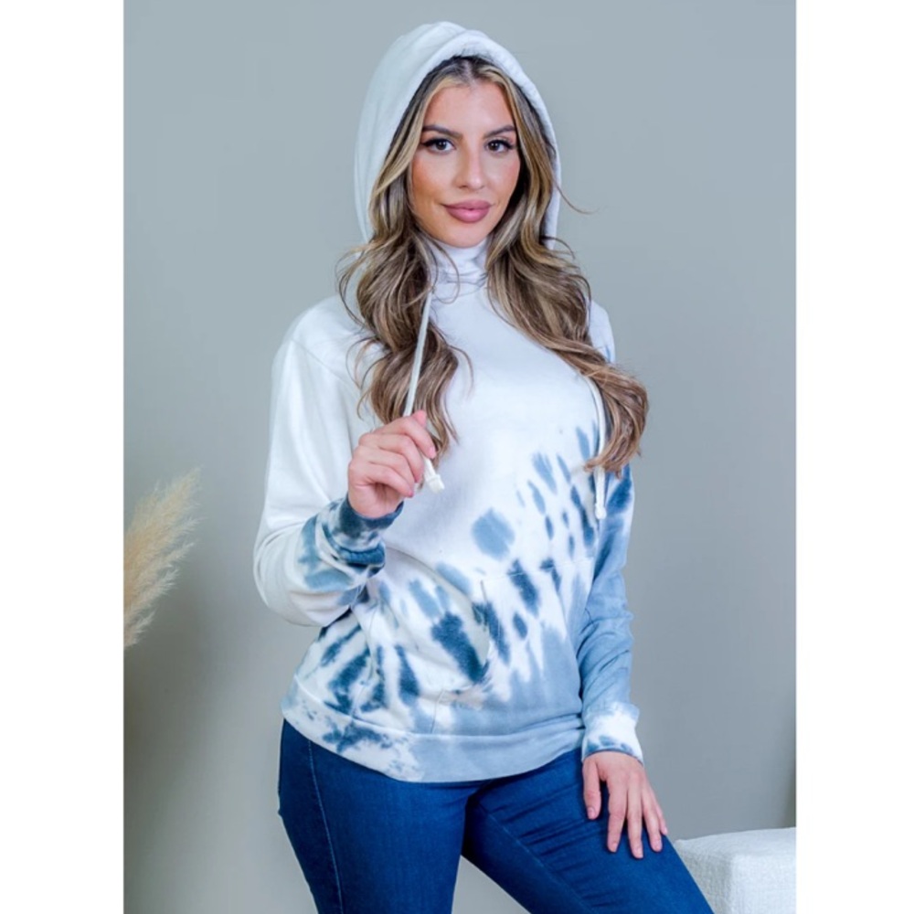 “NEW” Women's Tie-Dye Long Sleeve Hoodie - Blue and White